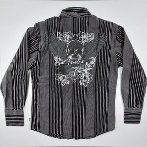 Fender Rock N Roll Shirt Mens Small Skull Wings Guitar Black Silver Striped